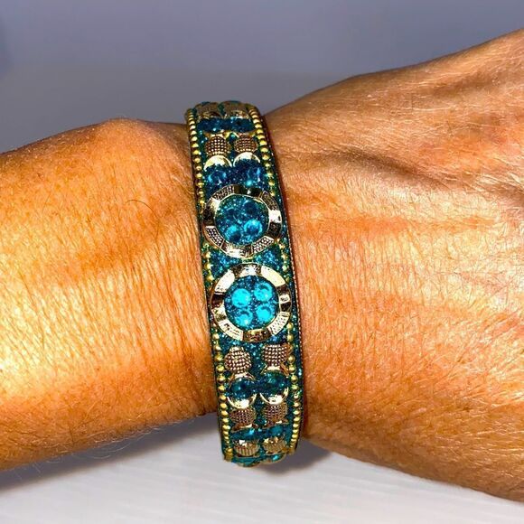 Vintage Decor Blue & Gold Tone Boho Bangle Bracelet - Picture 1 of 7